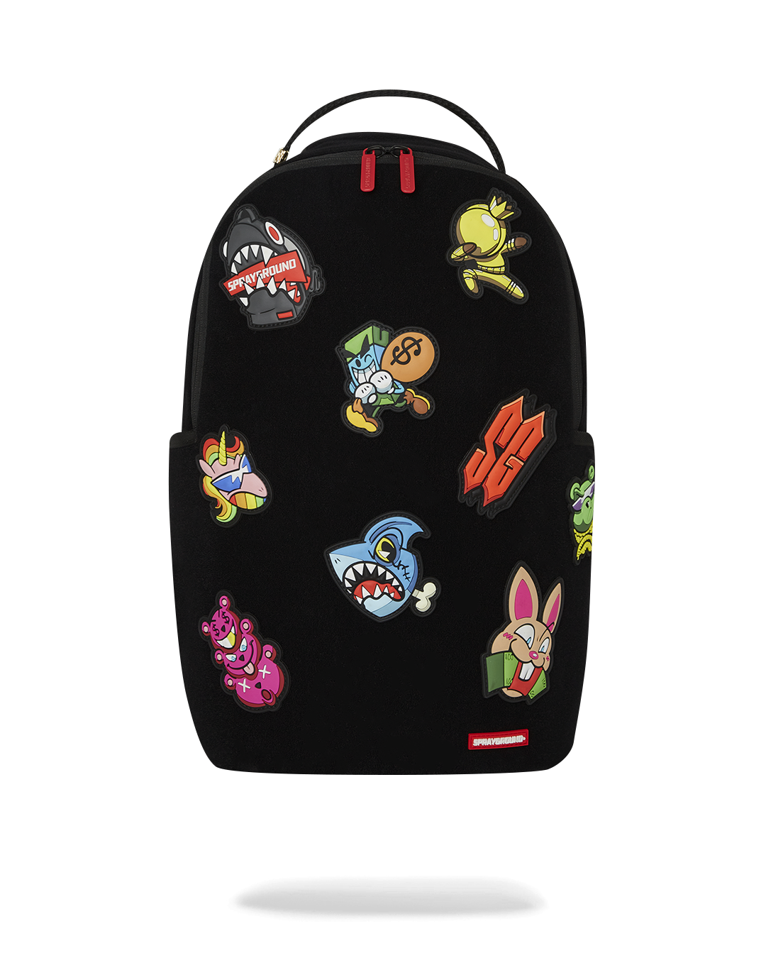 Front view of the kids velcro bag showing patches and compartments