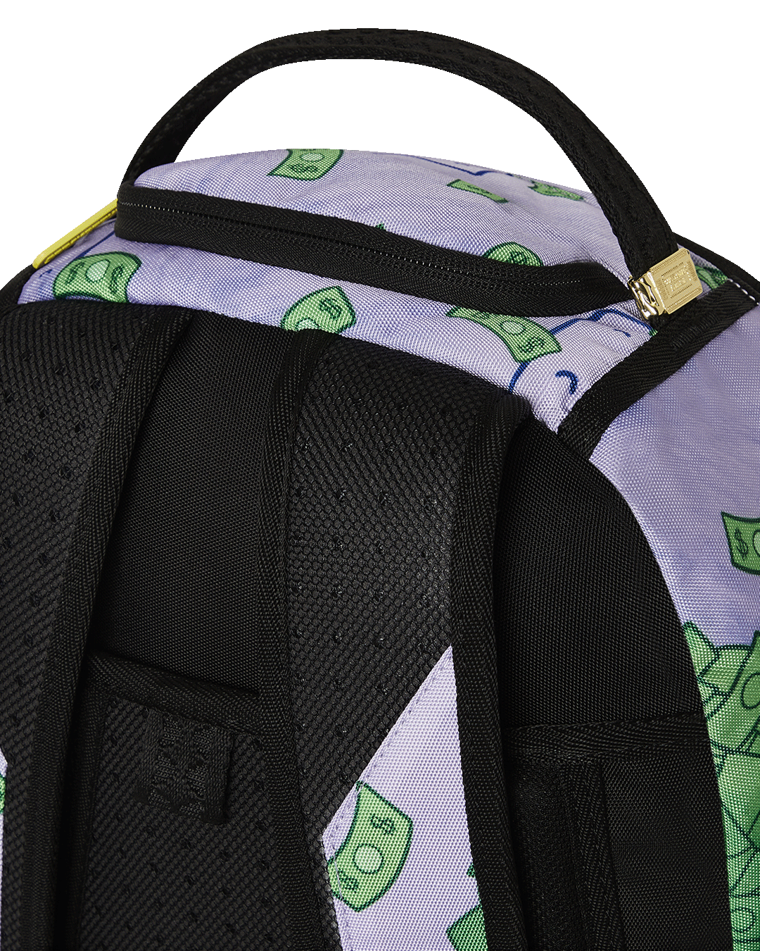 Front view of SpongeBob Deluxe Backpack showcasing multiple pockets and gold zippers.