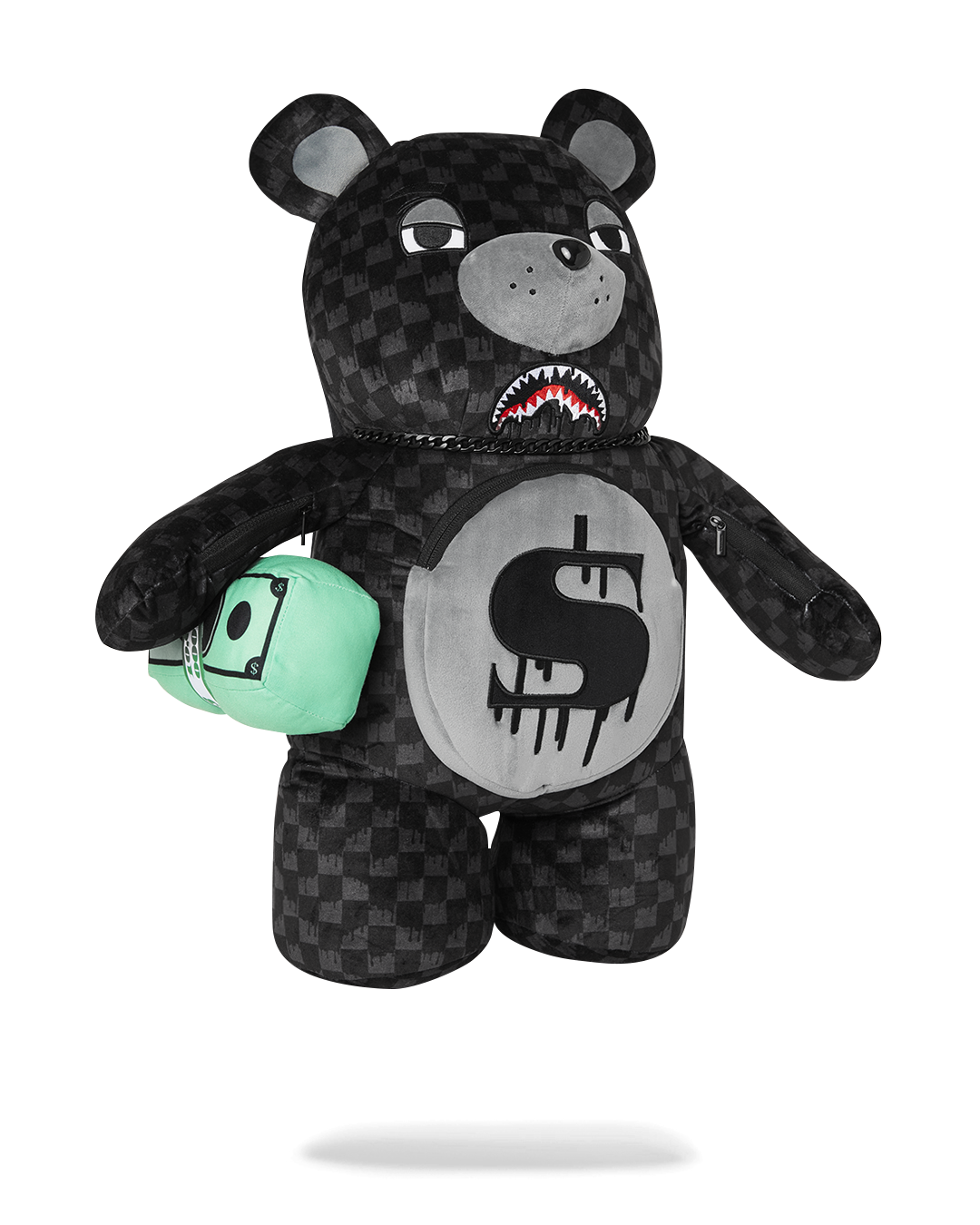 Close-up of the zippered pockets on the teddy bears belly and arm