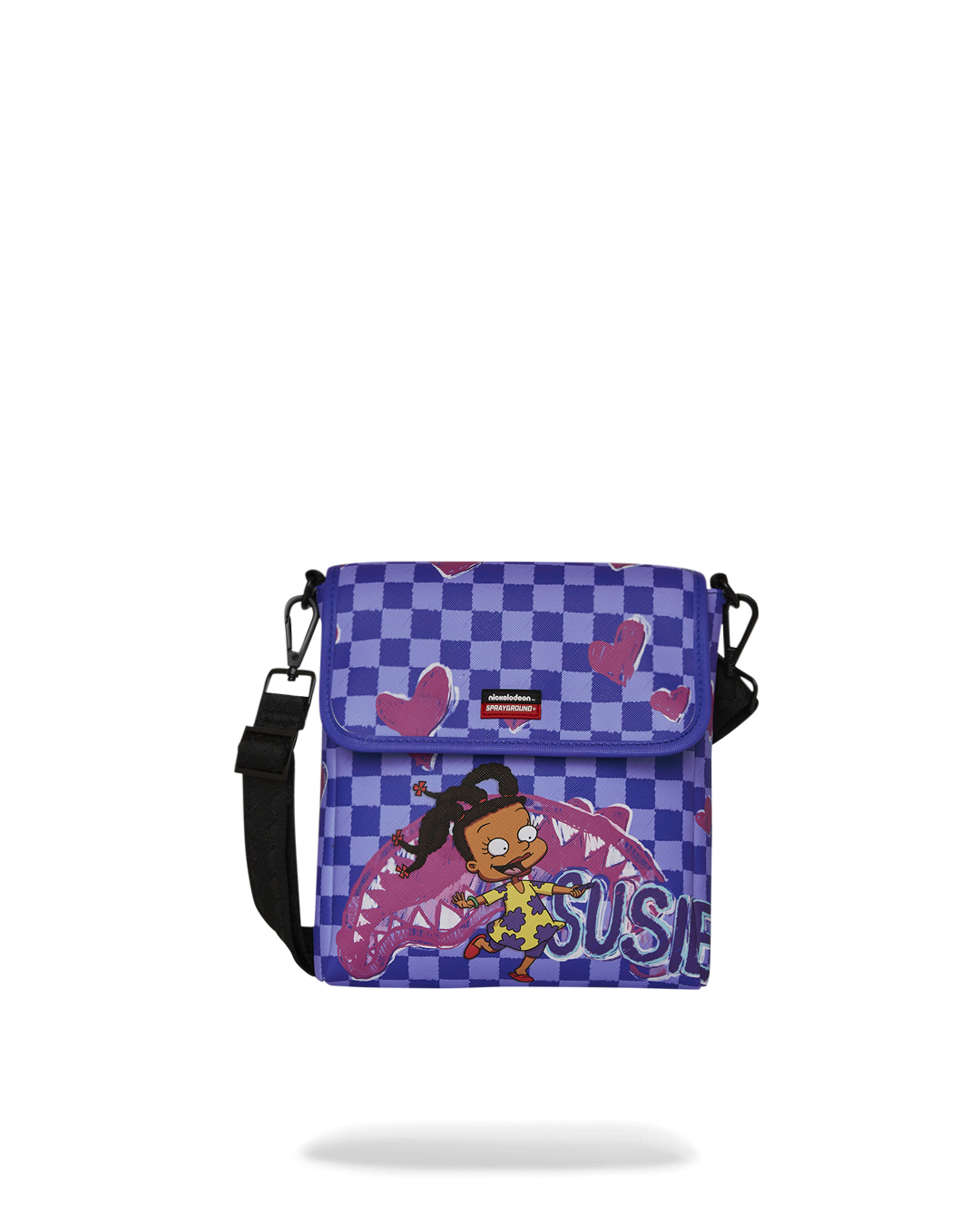 Rugrats Susie Crayon Shark leather crossbody bag with adjustable strap on a neutral background