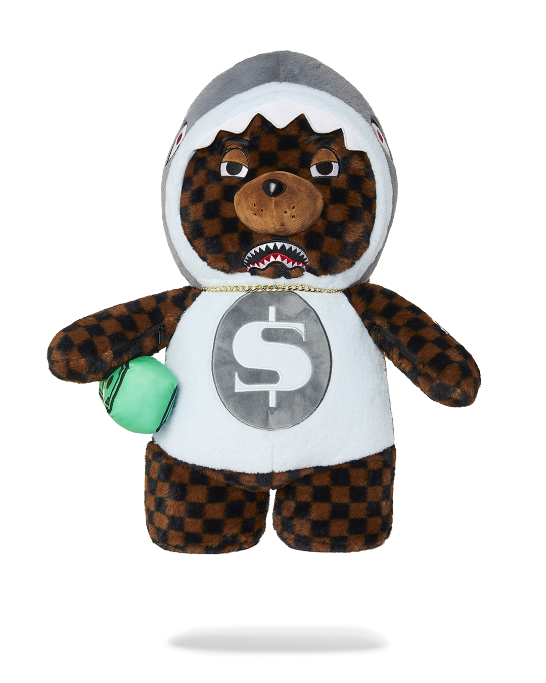 Sprayground Money Bear Backpack worn casually over a denim jacket
