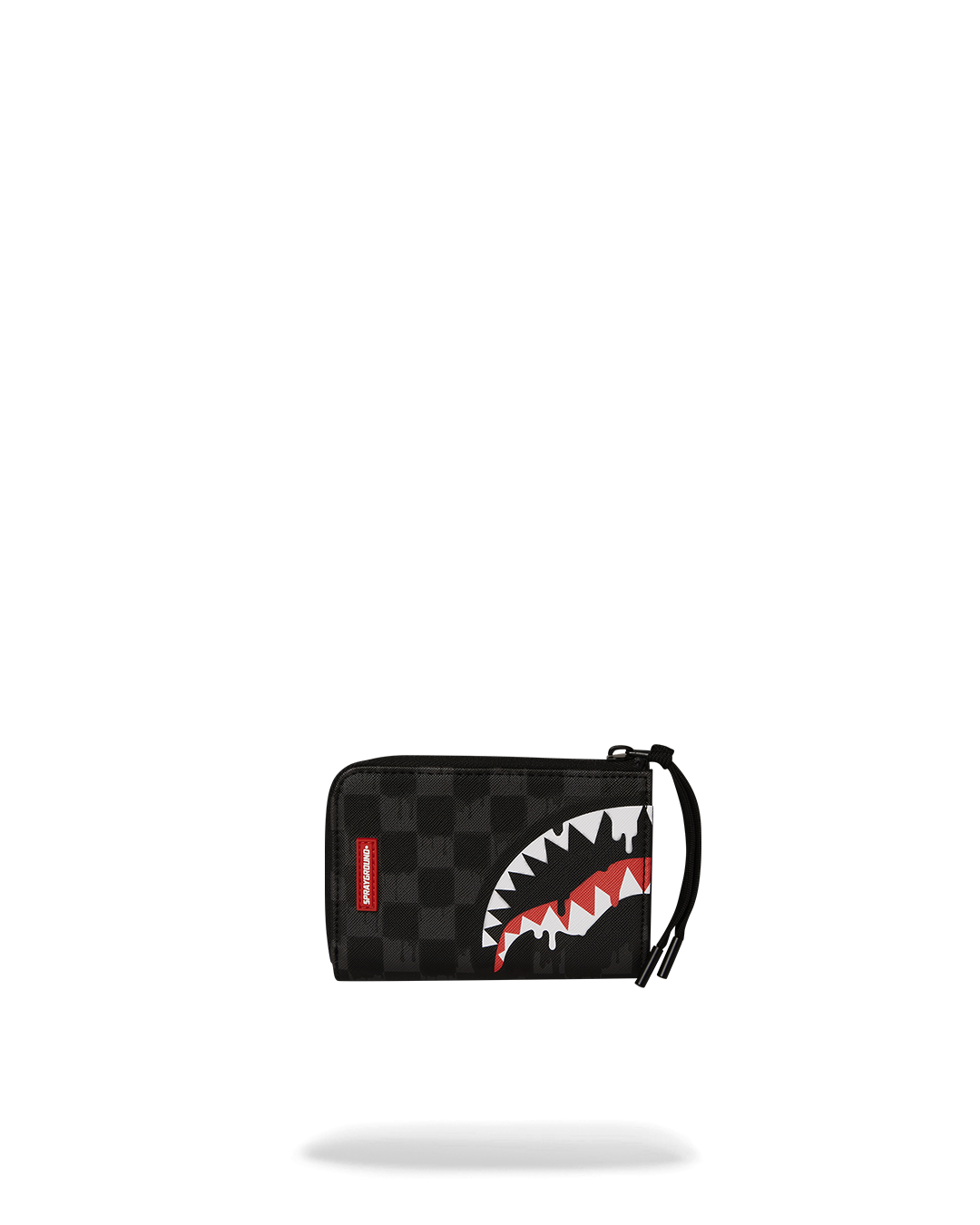 Front view of the ThunderDrip Shark Wallet with sharkmouth design and elastic closure