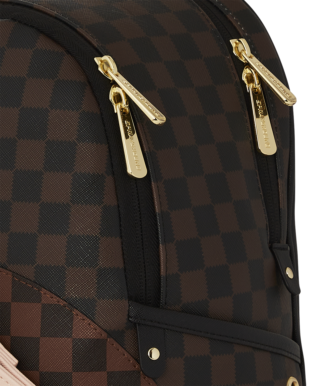 Savage Luxe faux leather backpack with adjustable straps and gold zippers.