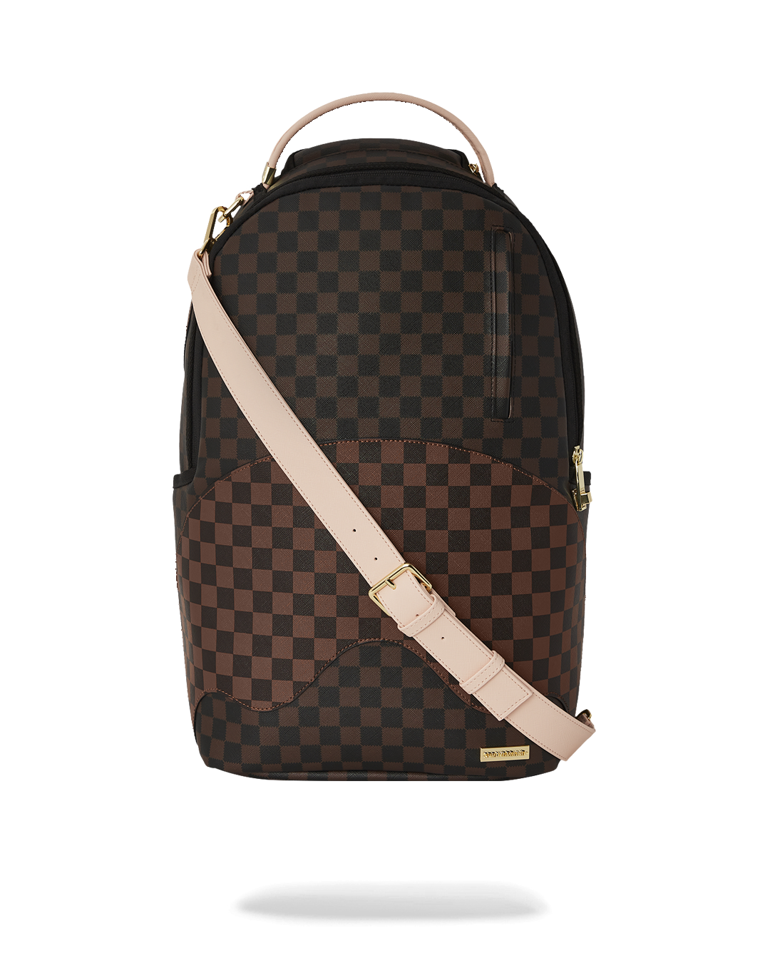 Front view showing gold hardware and faux leather texture