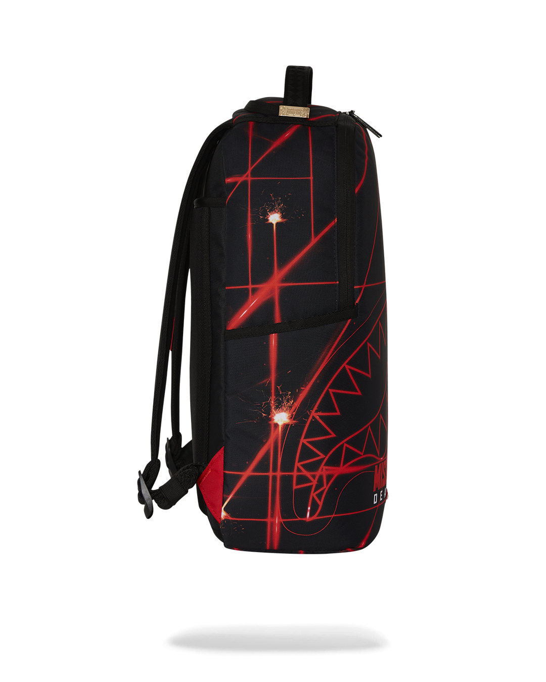 Sprayground Shark Backpack in pink, highlighting its adjustable straps and gold zippers with metal hardware.