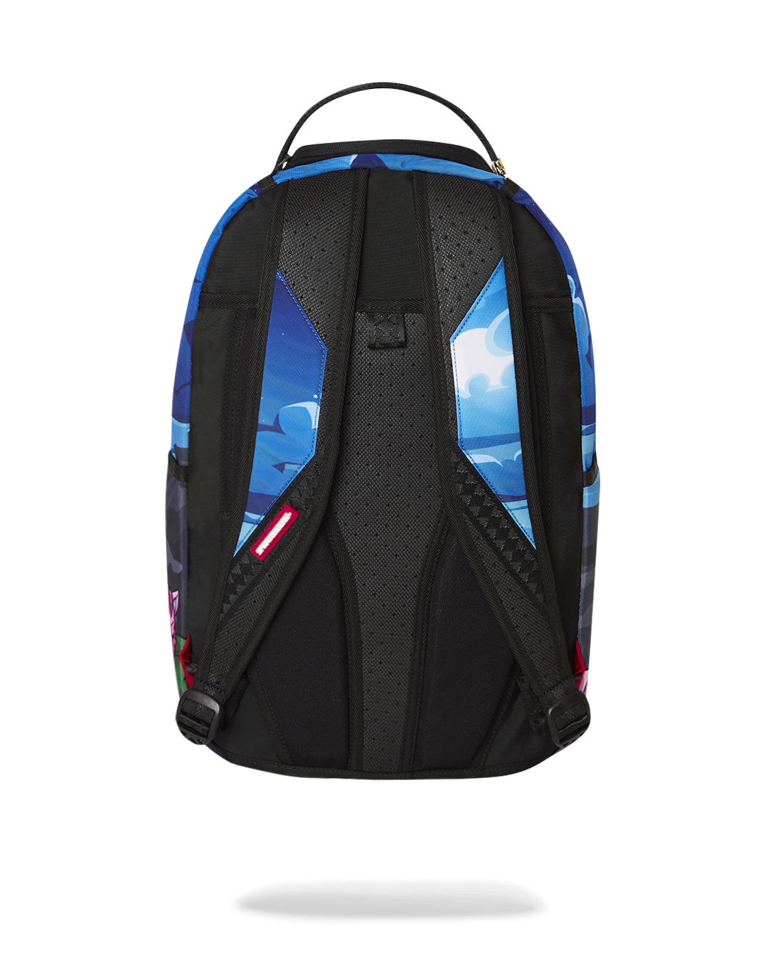 Front angle of luxury backpack showcasing gold zippers and padded straps