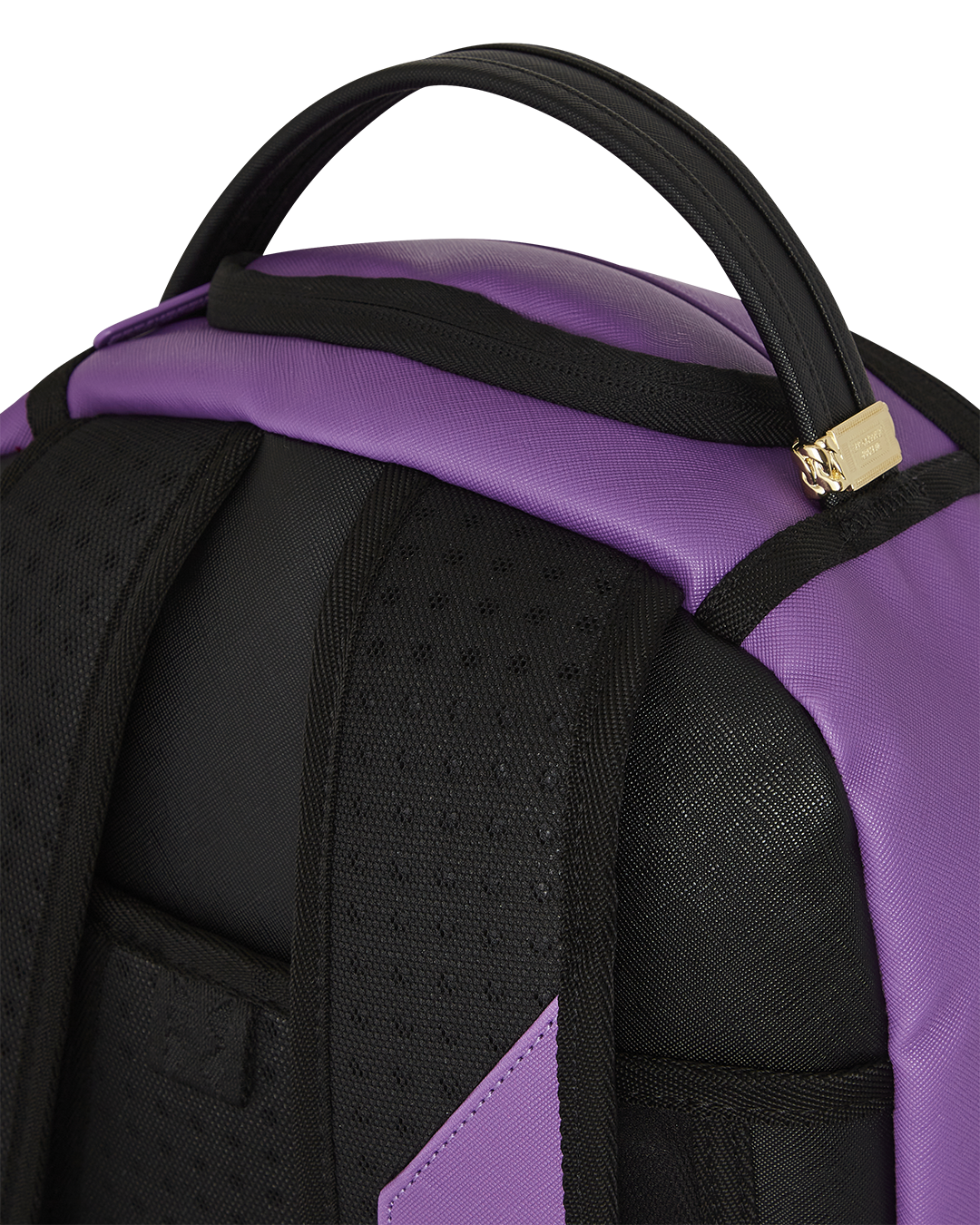 Side view of the fashion backpack highlighting gold metal zippers and adjustable straps.