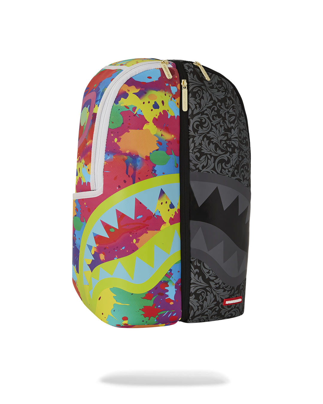 Close-up of the split backpack design with center zipper visible