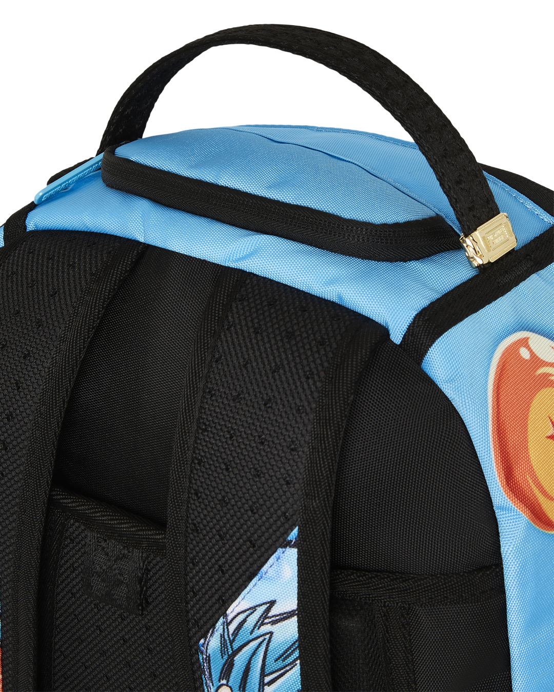 Dragon Ball Z Super Saiyan Blue Goku and Vegeta backpack front view, showcasing its unique design and multiple pockets.