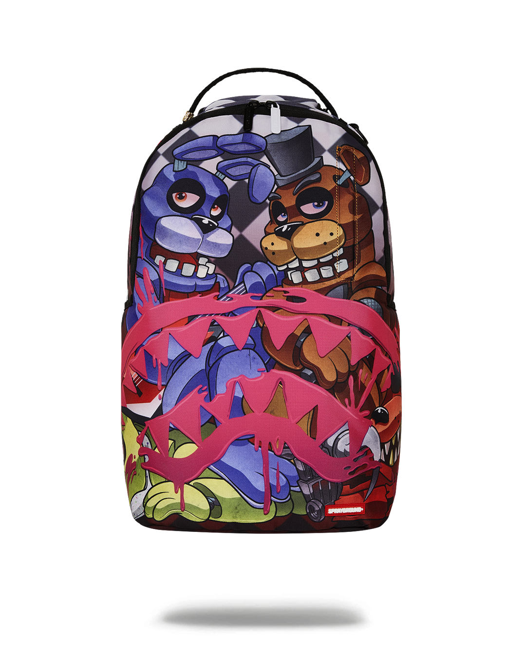 Front-facing view of the backpack FNAF design and gold hardware accents