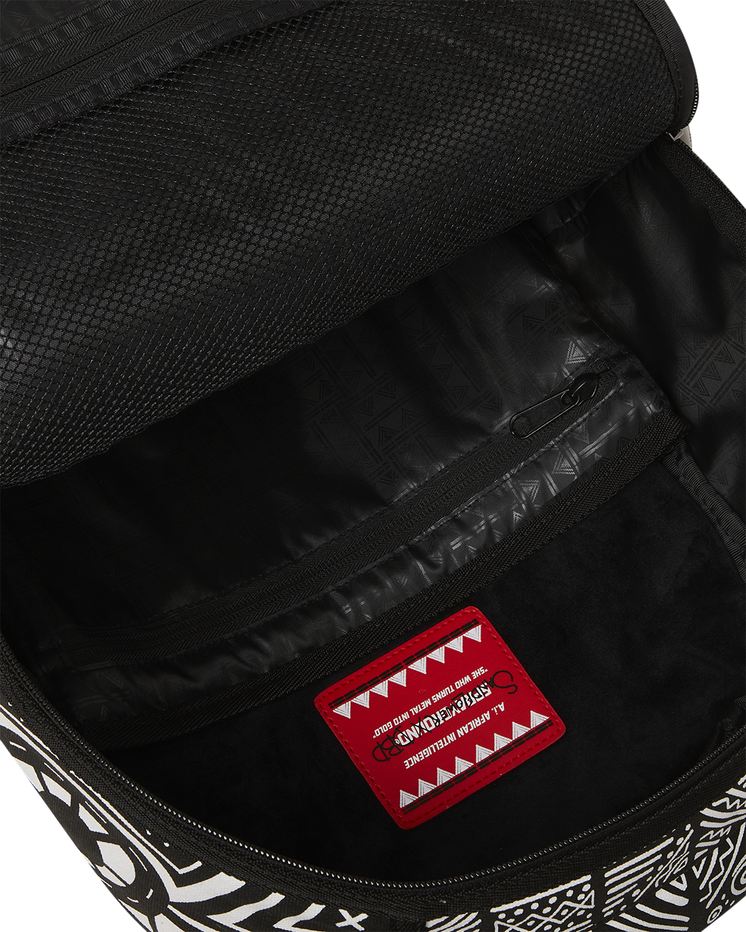 Front view of the A.I. Skyhawk designer backpack with gold zippers and metal badge