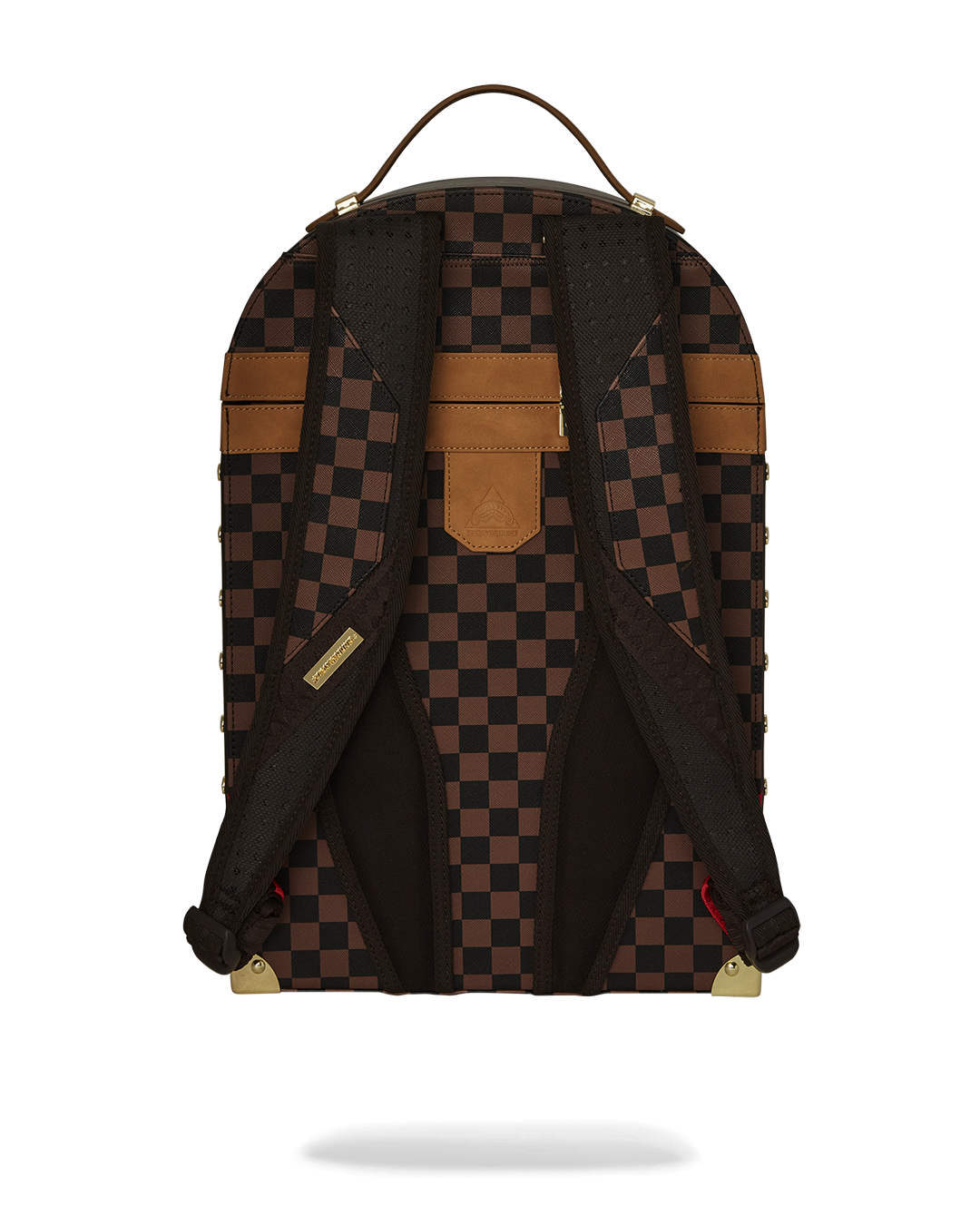 Front view of faux leather trunk backpack with brass lock and embossed studs