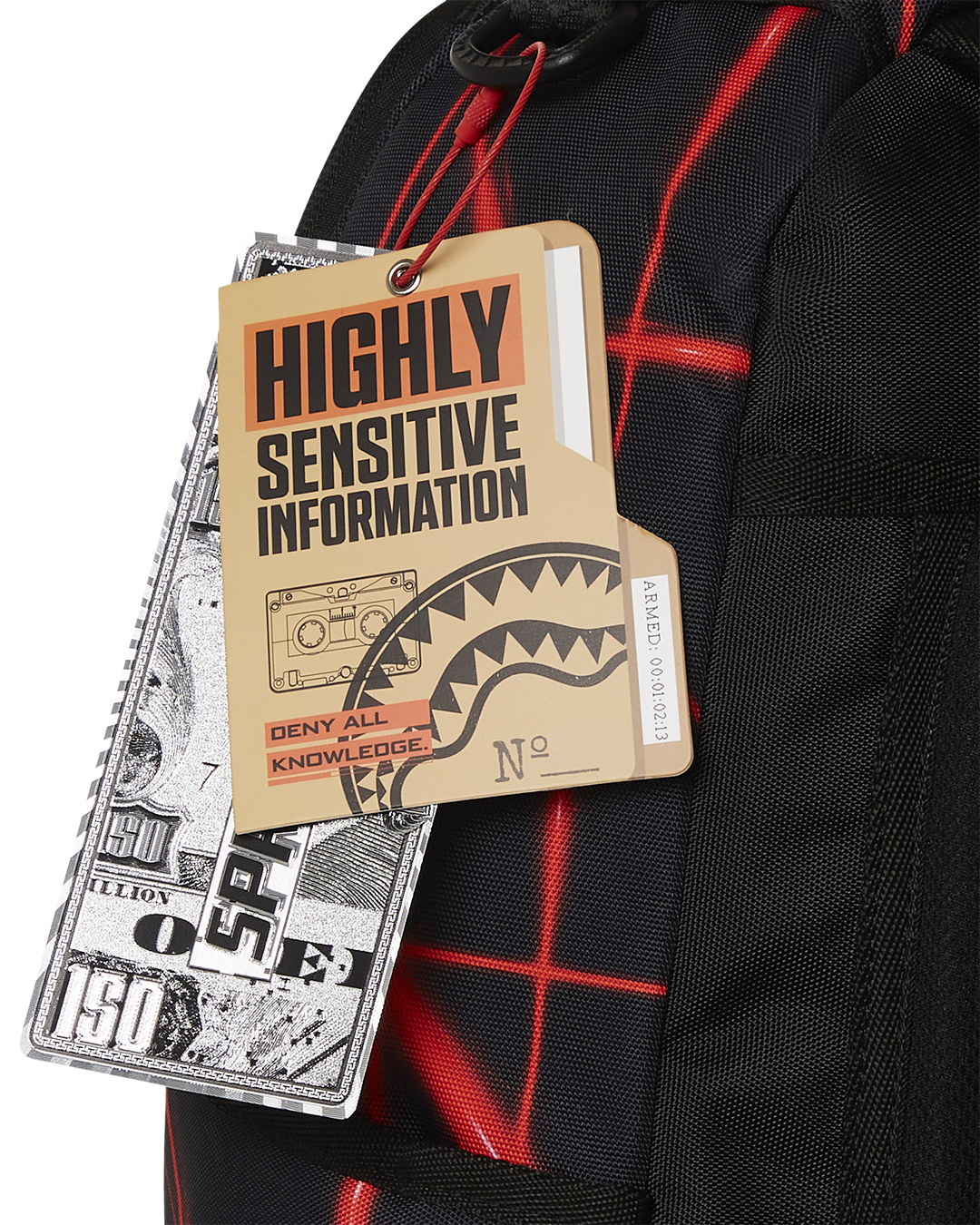 Laser Shark Backpack by Sprayground in clear, showing its durable 900D polyester fabric and ergonomic mesh back.
