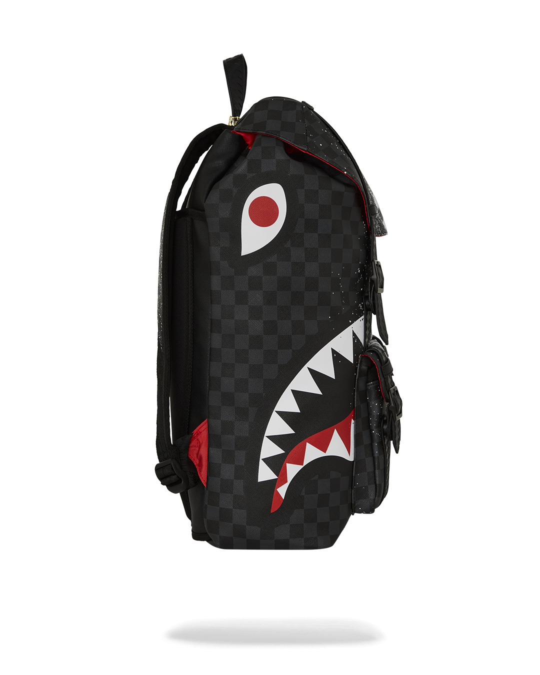 Close-up of water-resistant backpack’s magnetic snap buckle and sharktooth straps