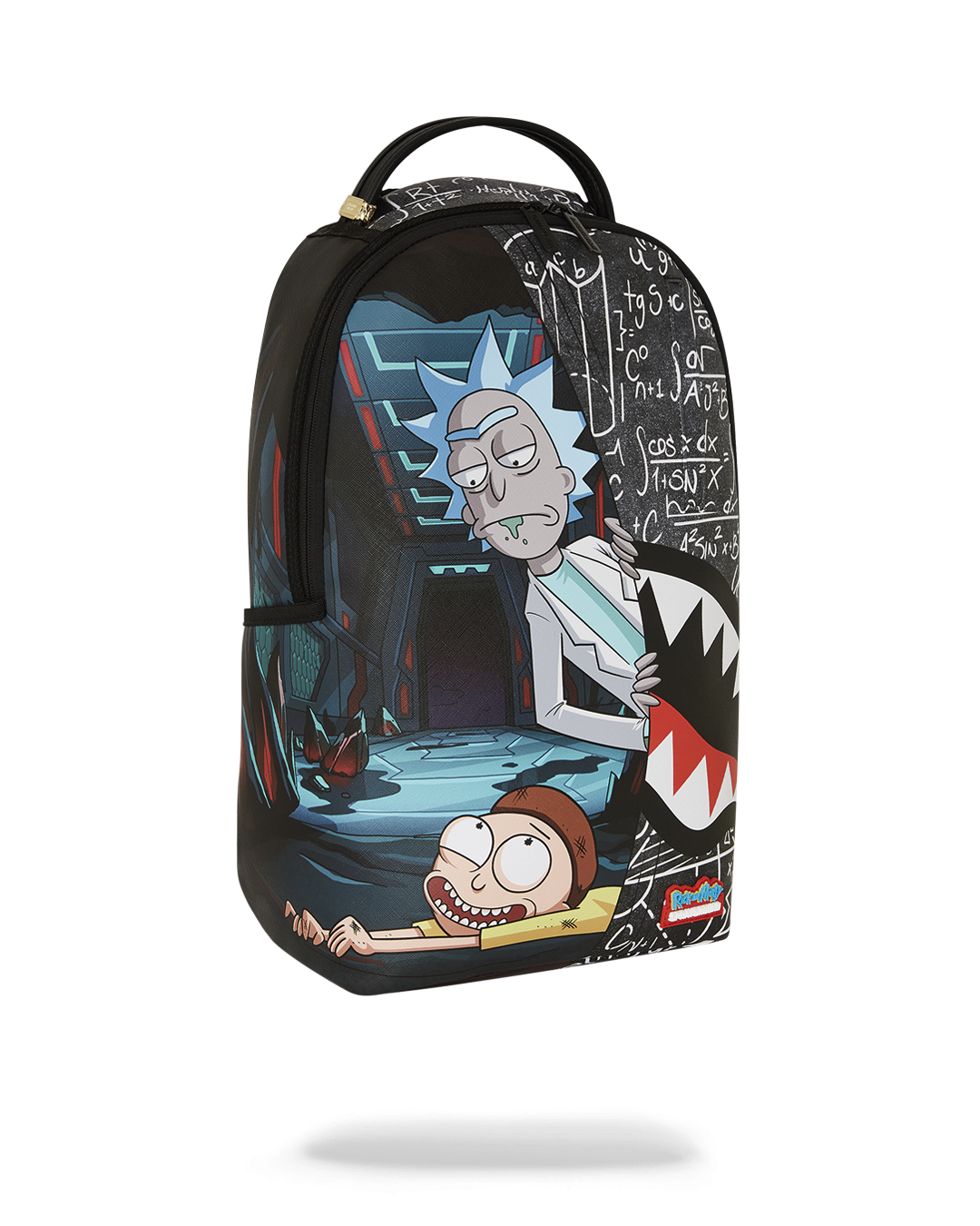 Side view of clear sprayground backpack featuring adjustable straps and gold zippers.