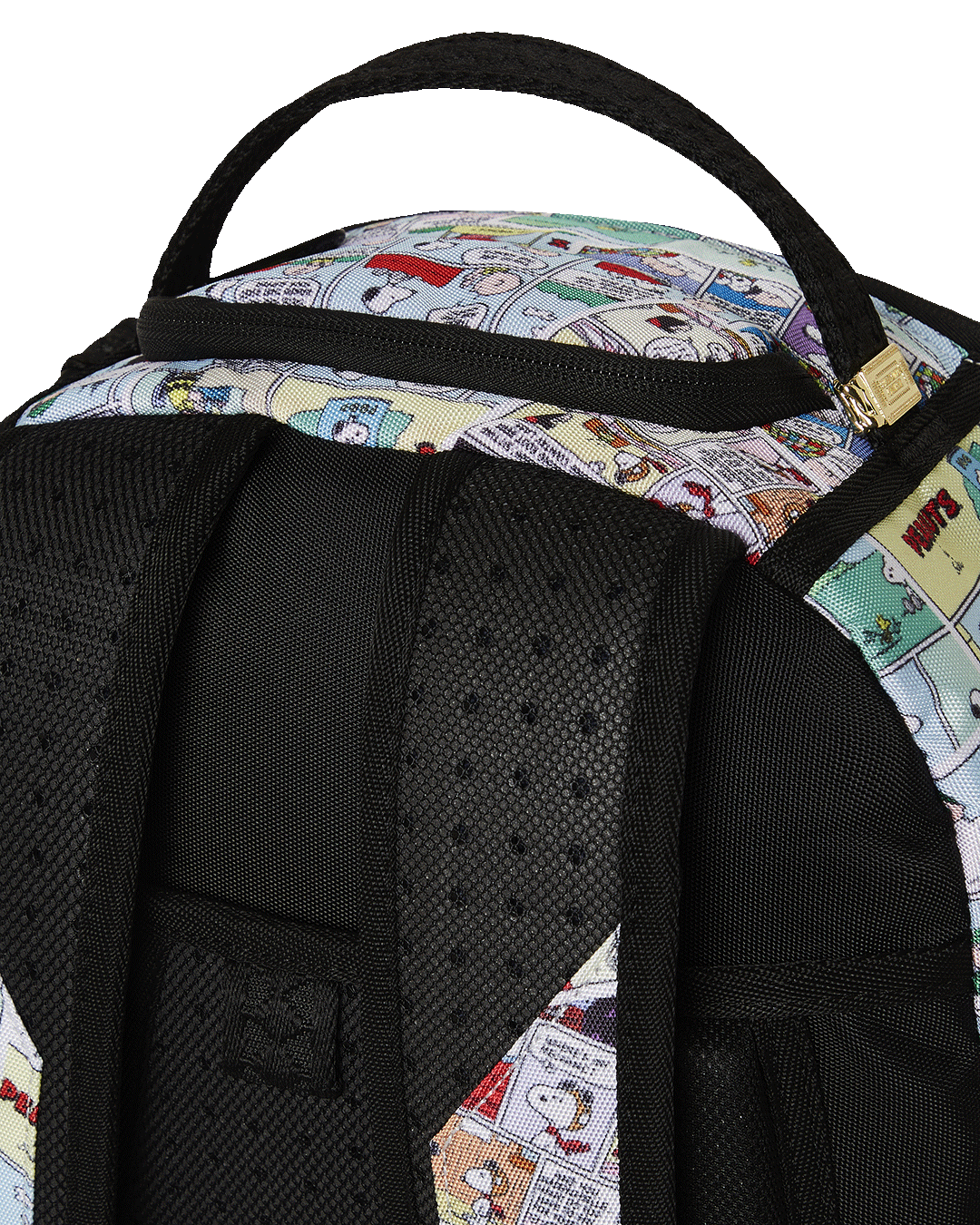 Snoopy backpack with multiple pockets and gold zippers, perfect for school or work