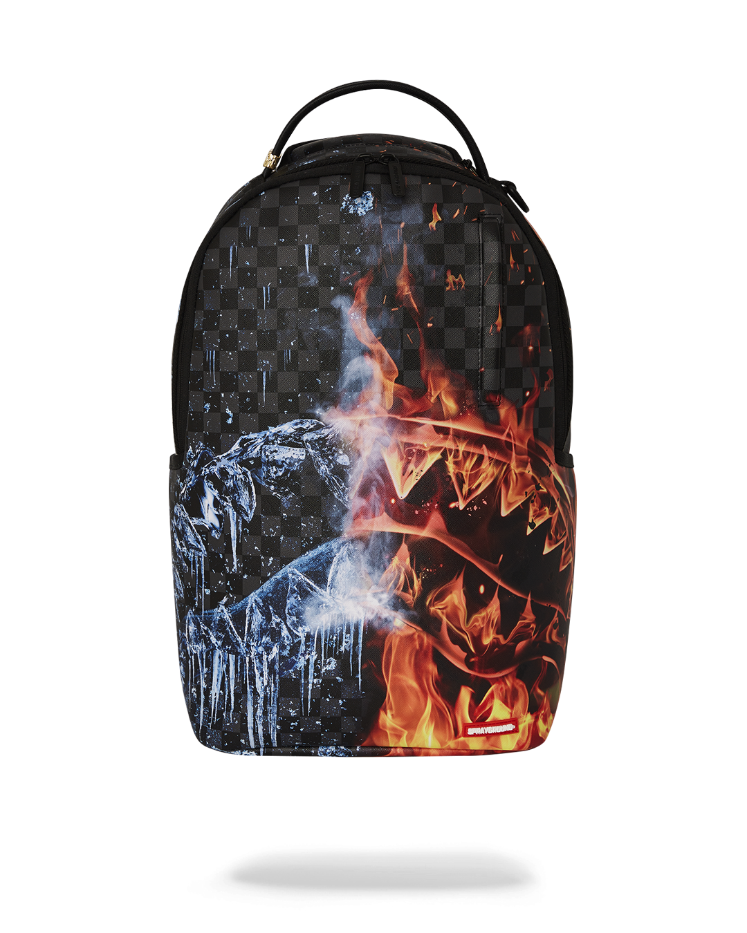 Sprayground Faux Leather Laptop Backpack DLXSV front view, highlighting its faux leather material and front zipper pocket.