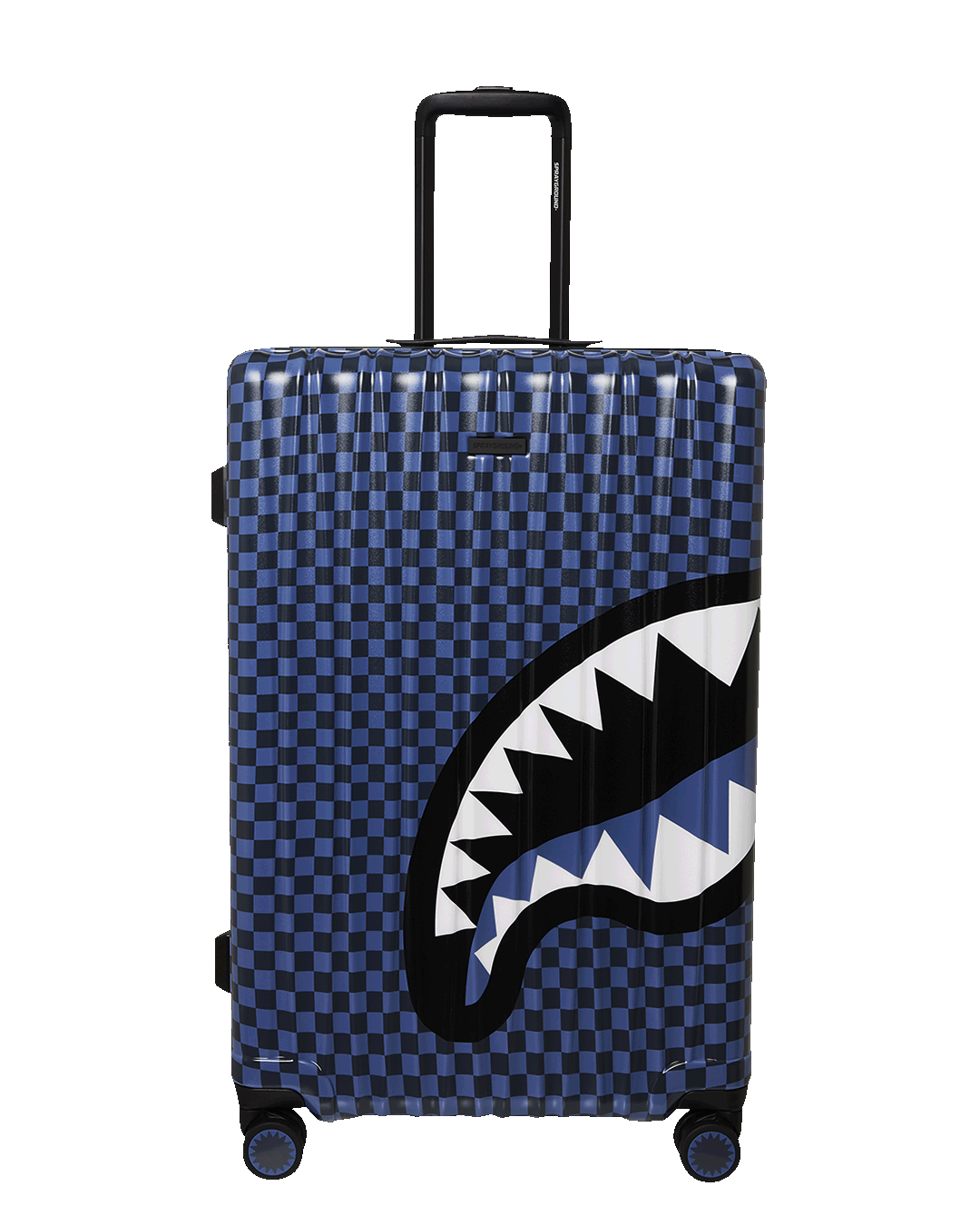Midnight Magic Sharks Paris hard shell luggage featuring a unique shark design and double spinner wheels