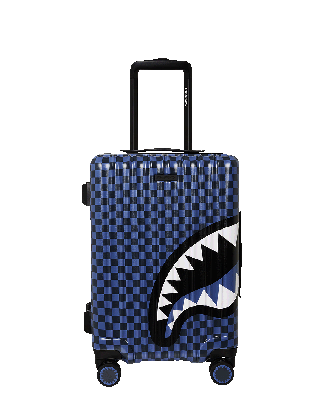 Rear view of Midnight Magic sharks in Paris hard shell luggage with spinner wheels on airport floor