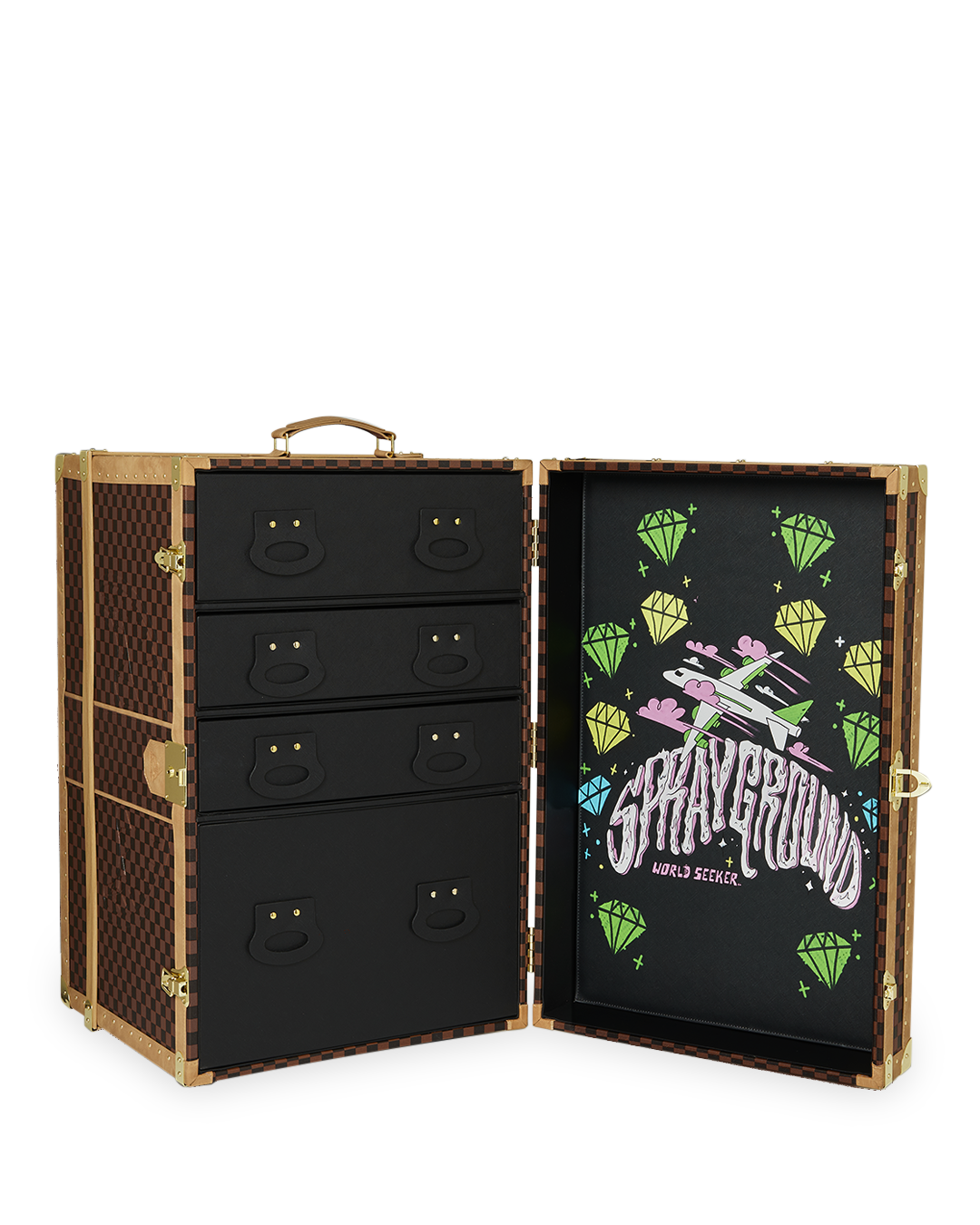 Interior of the Luxury Steamer Trunk Wardrobe, featuring printed graphic design and drawers.