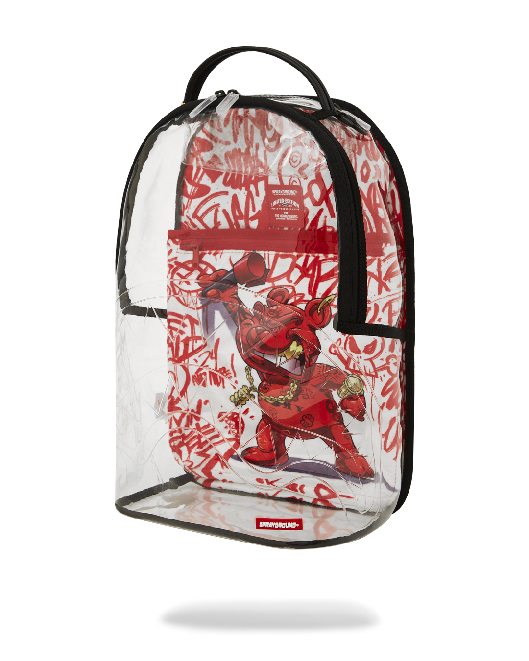 Sprayground Clear Diablo Gallery backpack with multiple compartments, side view.