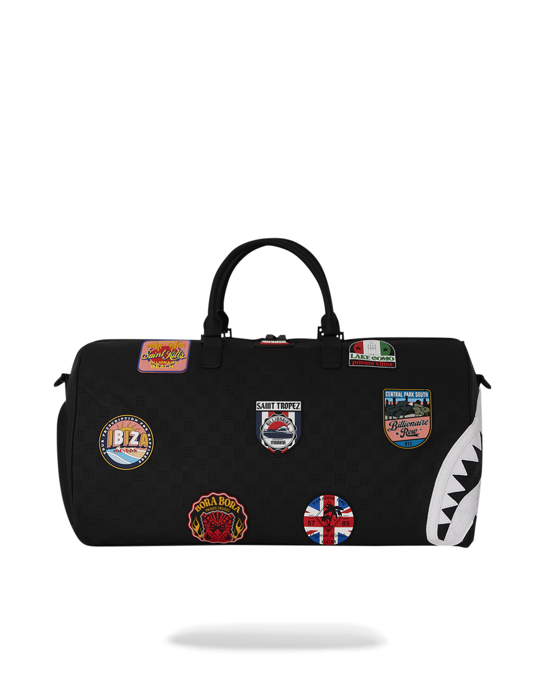 Front view of the designer duffle bag with shark mouth detail and gold zippers