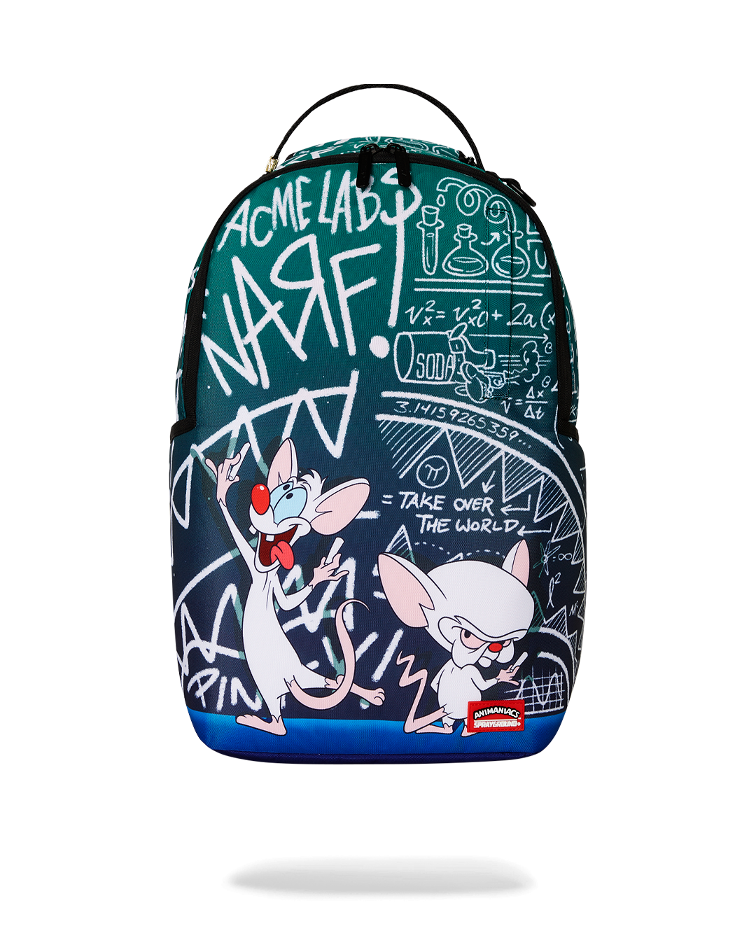 Front view of Pinky and the Brain DLXR backpack showing zipper details
