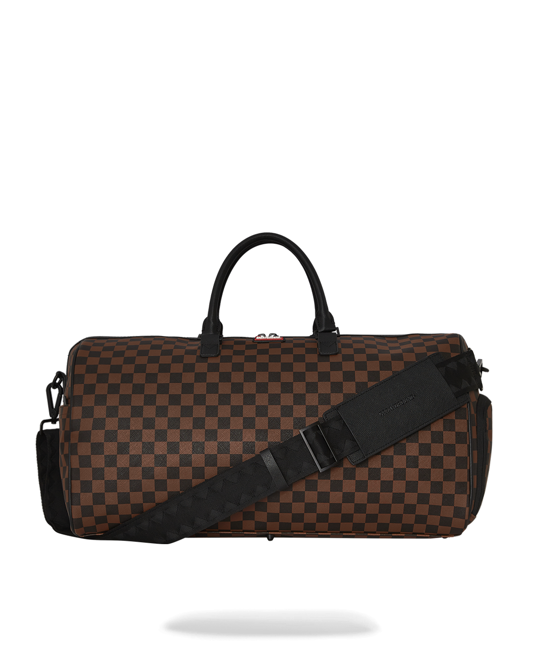 Faux leather duffle bag with adjustable straps and gold zippers.