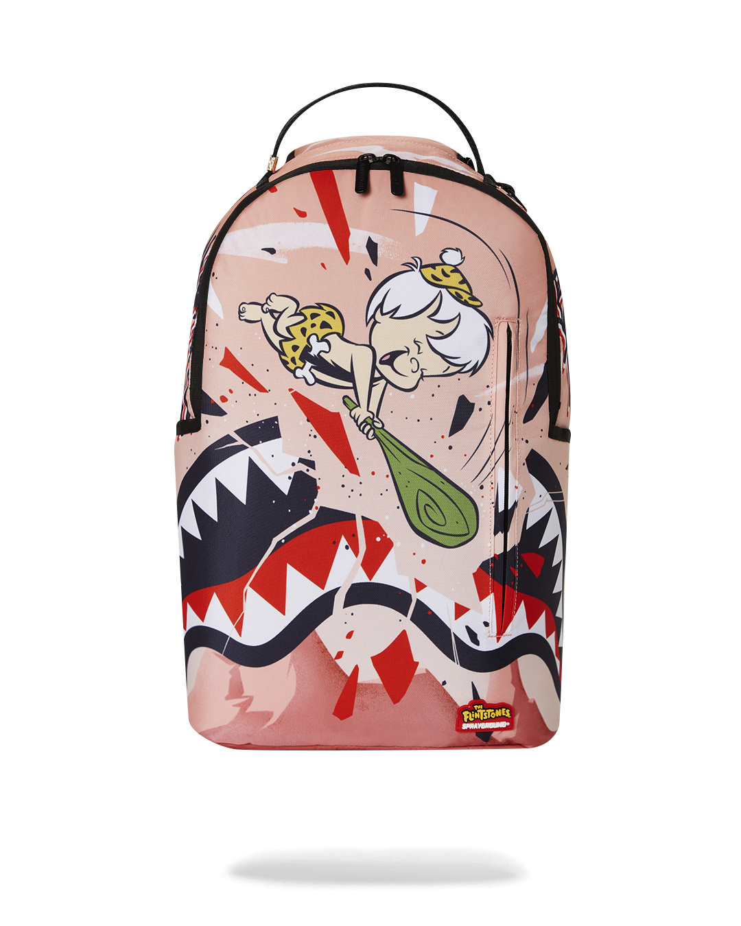 Bamm Bamm Flintstones Sprayground pink backpack with front zipper pocket and side pockets