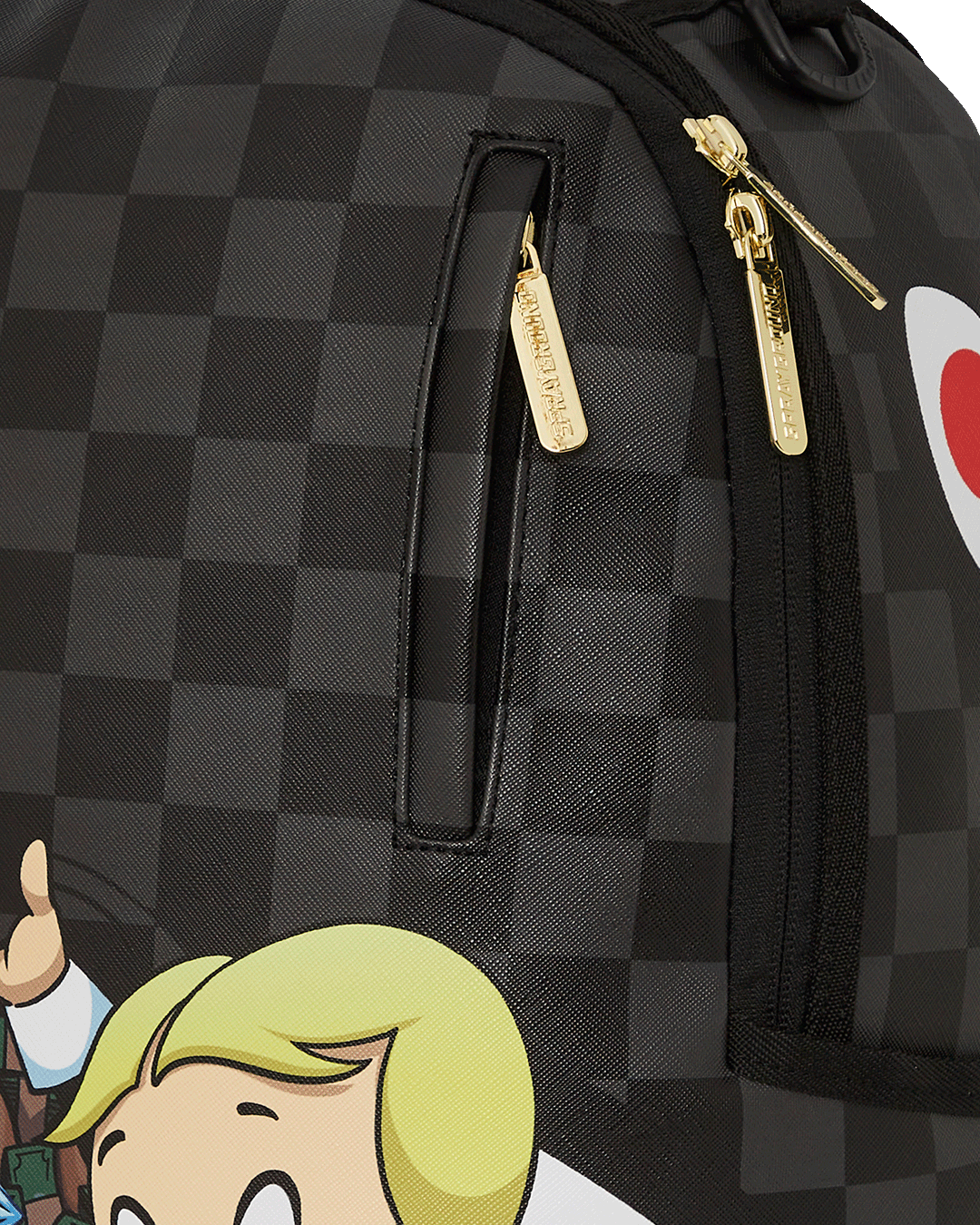 Stylish exterior of the Richie Rich backpack featuring gold zippers and side pockets.