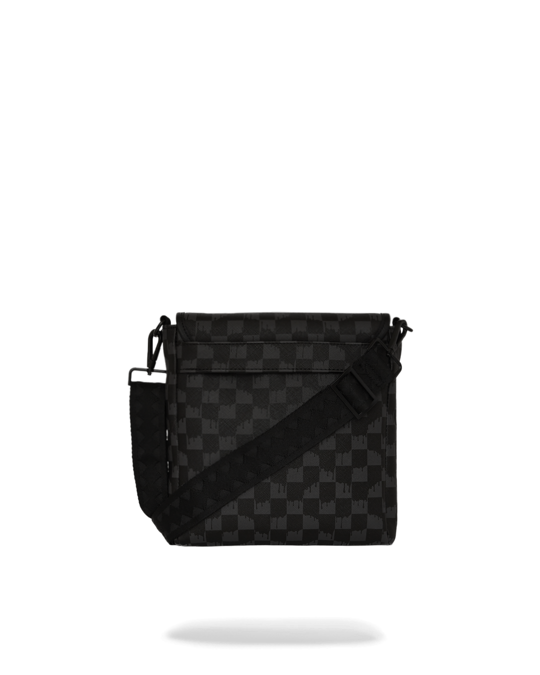 Front view of faux leather messenger sling bag with sharkmouth detail