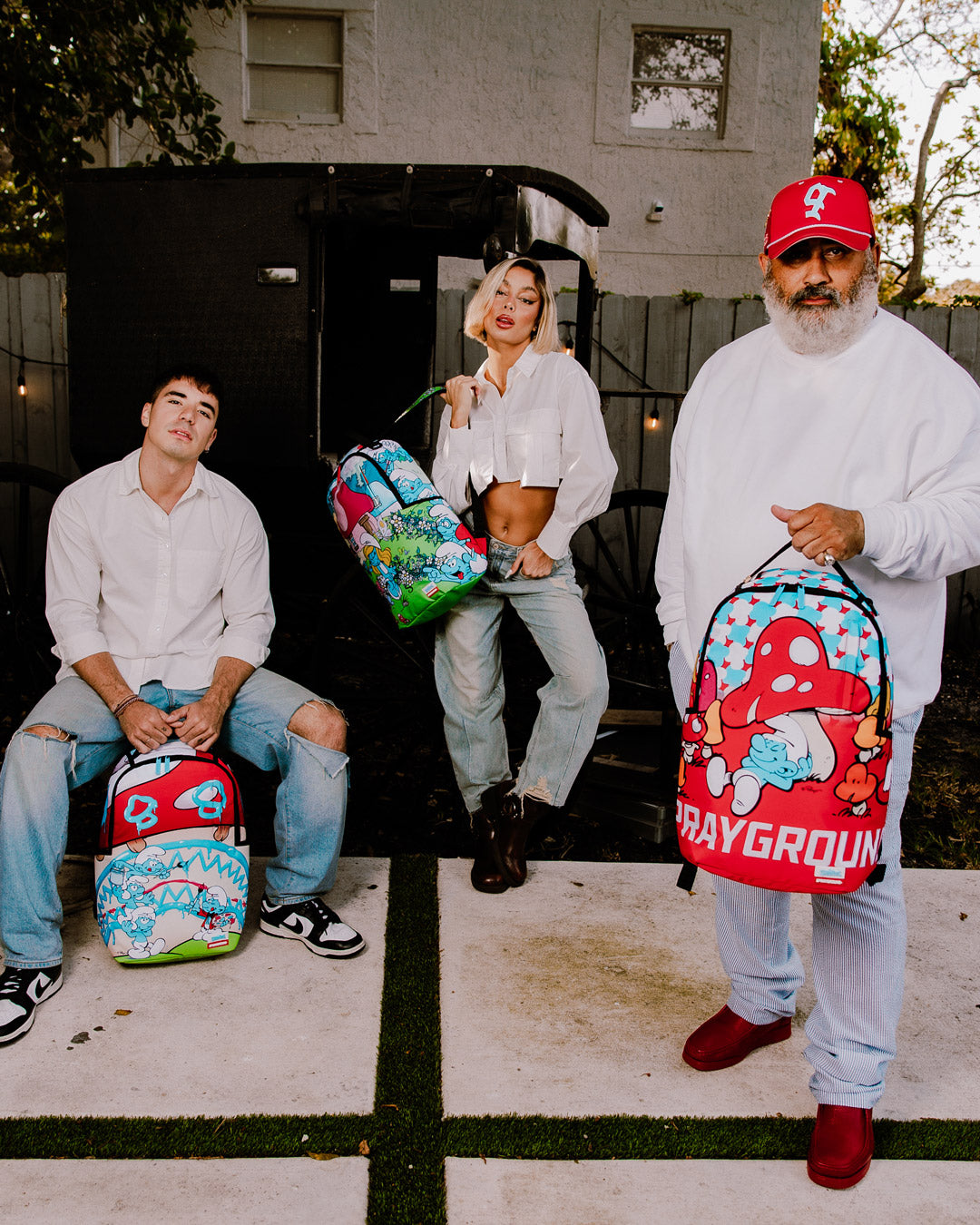 Front view of Smurfs art backpacks with bold graphics, ideal for weekend adventures.