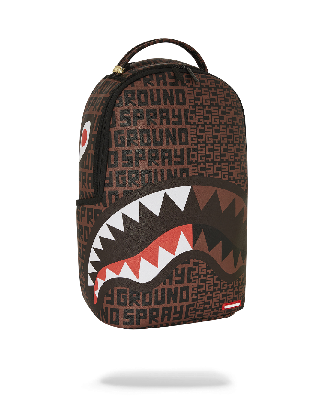 Side profile of faux leather backpack worn on shoulder with carry-on sleeve visible
