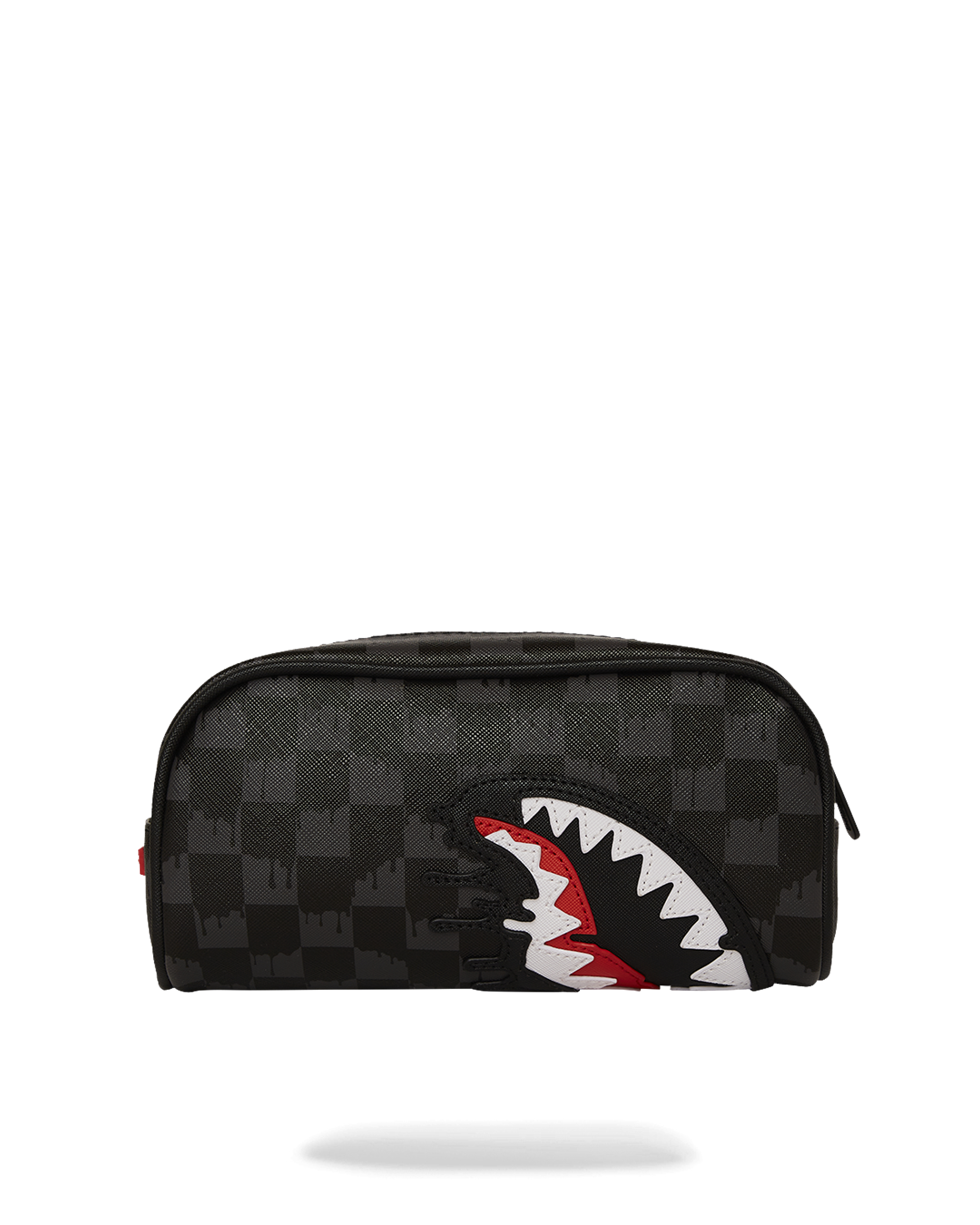 Close-up of the Sharks in Paris zipper pouch showcasing the shark mouth design.