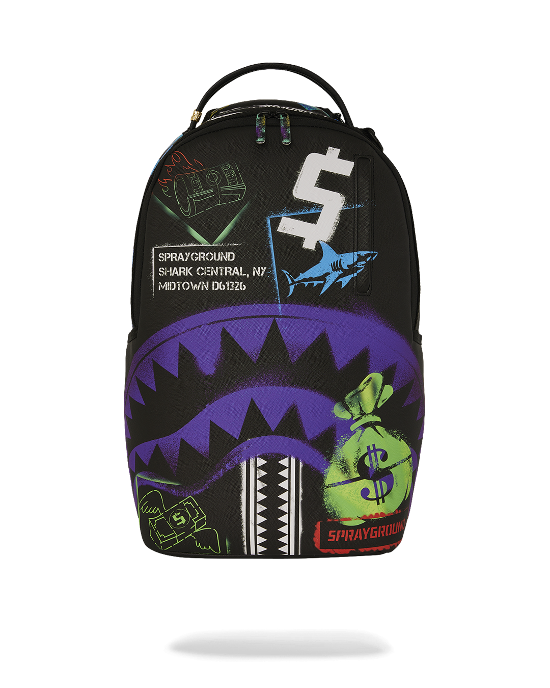 Front view of the pink Sprayground limited edition faux leather backpack with gold hardware