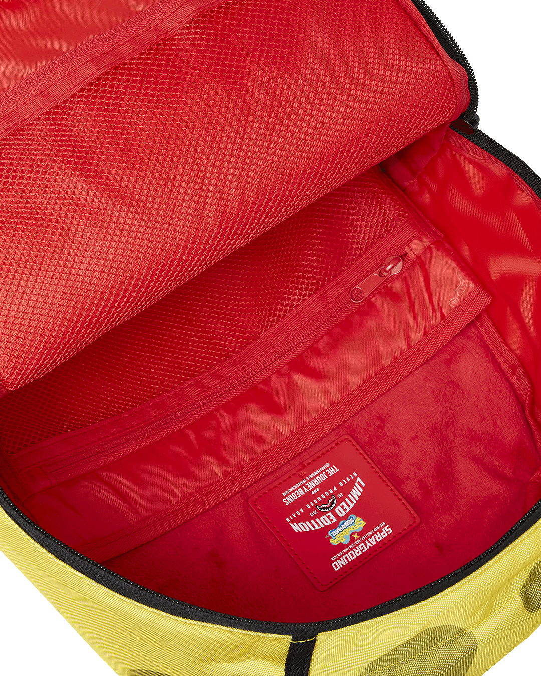 Front view of the SpongeBob character backpack with expressive velcro eyes