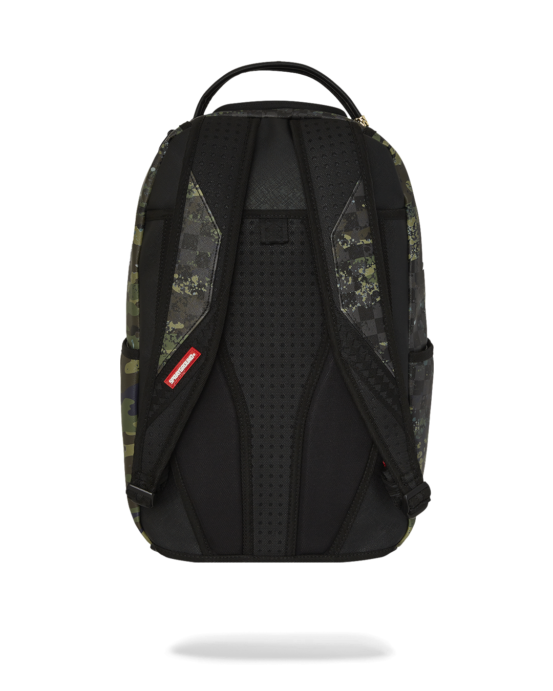 Front view of the faux leather backpack with gold hardware in an urban setting