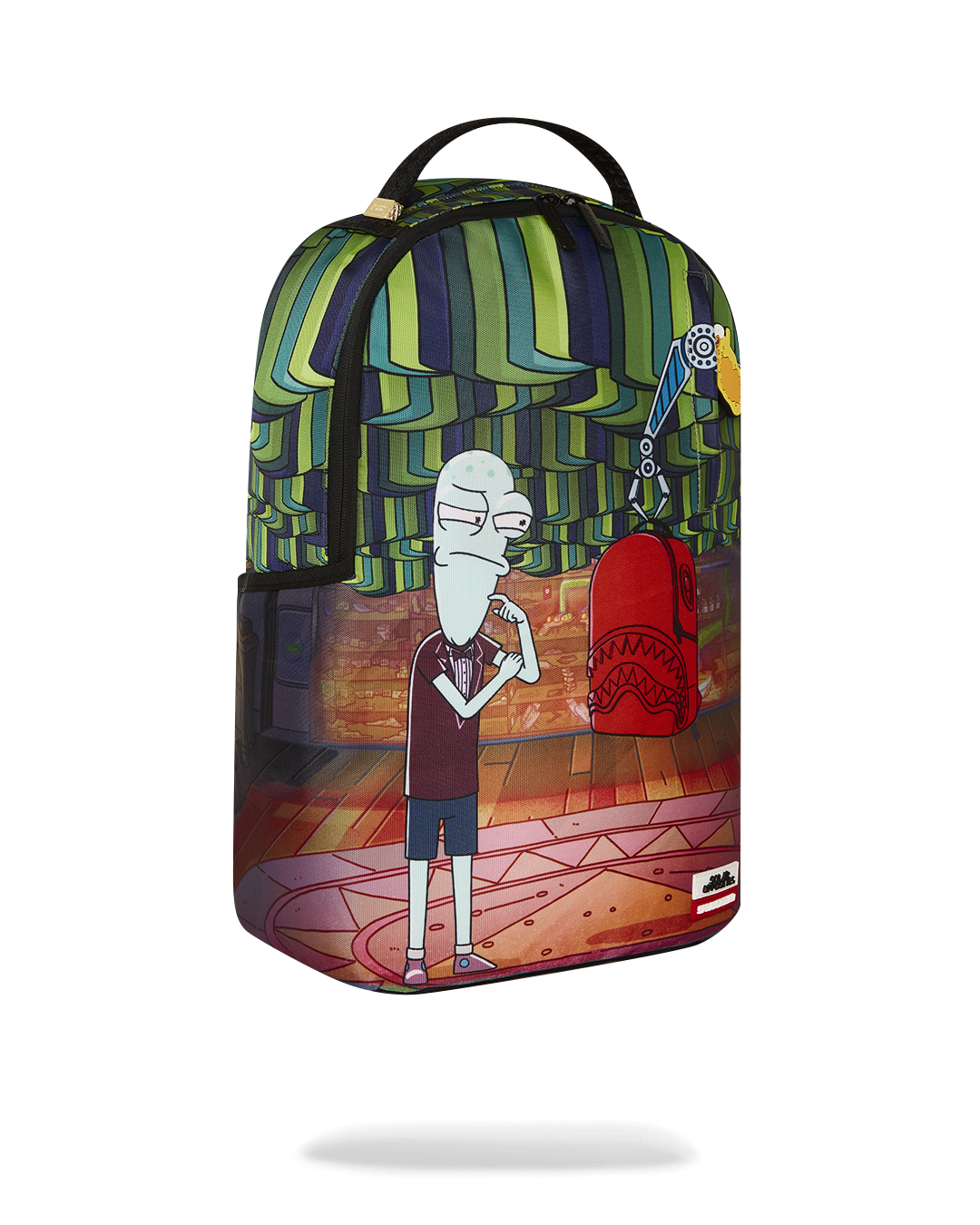 Side angle of the clear Sprayground backpack, highlighting adjustable straps and spacious pockets.