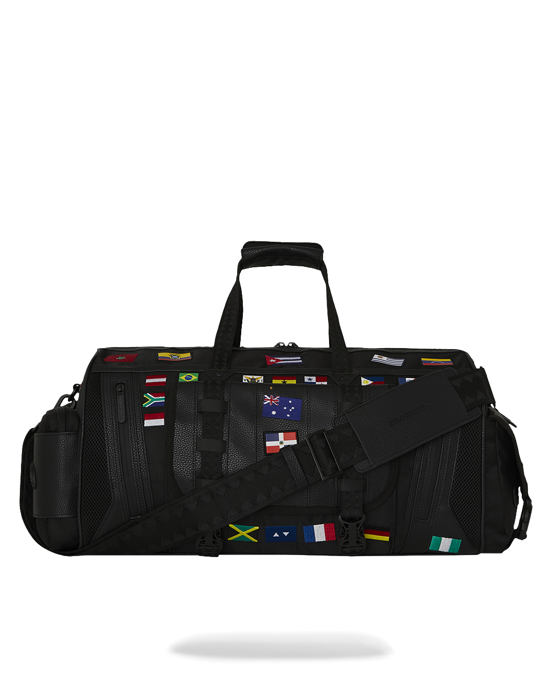Front view of the tactical duffle bag with flag patches and embossed sharkmouth design