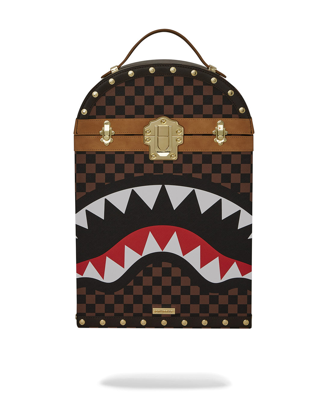 Front view of faux leather trunk backpack with brass lock and embossed studs