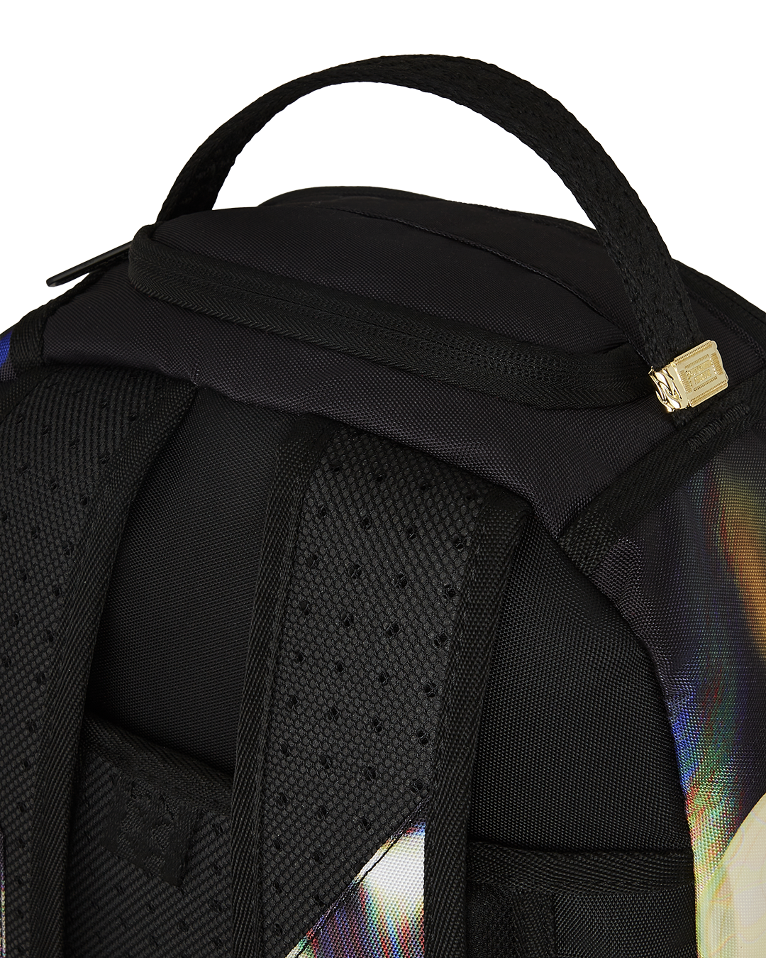 Front view of rainbow unicorn holographic kids backpack with colorful design