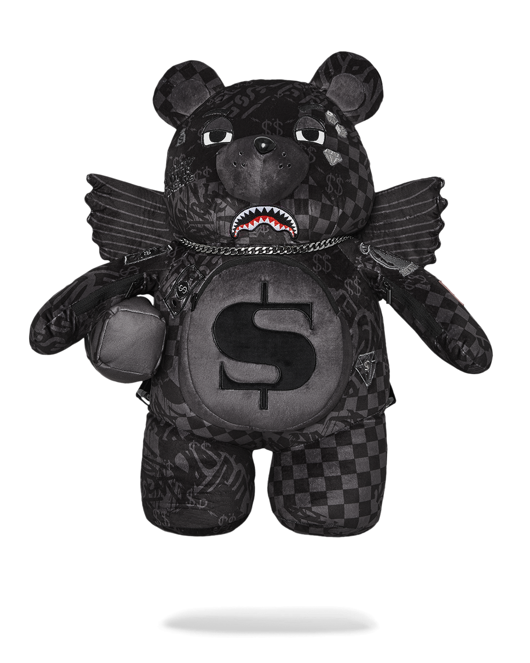 Front view of Sprayground Teddy Bear Backpack with zippered pockets.