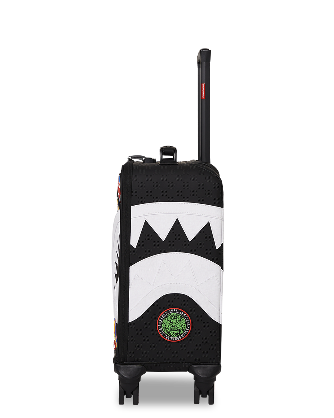 Front view of luxury travel bag showing embossed logo and shark patch