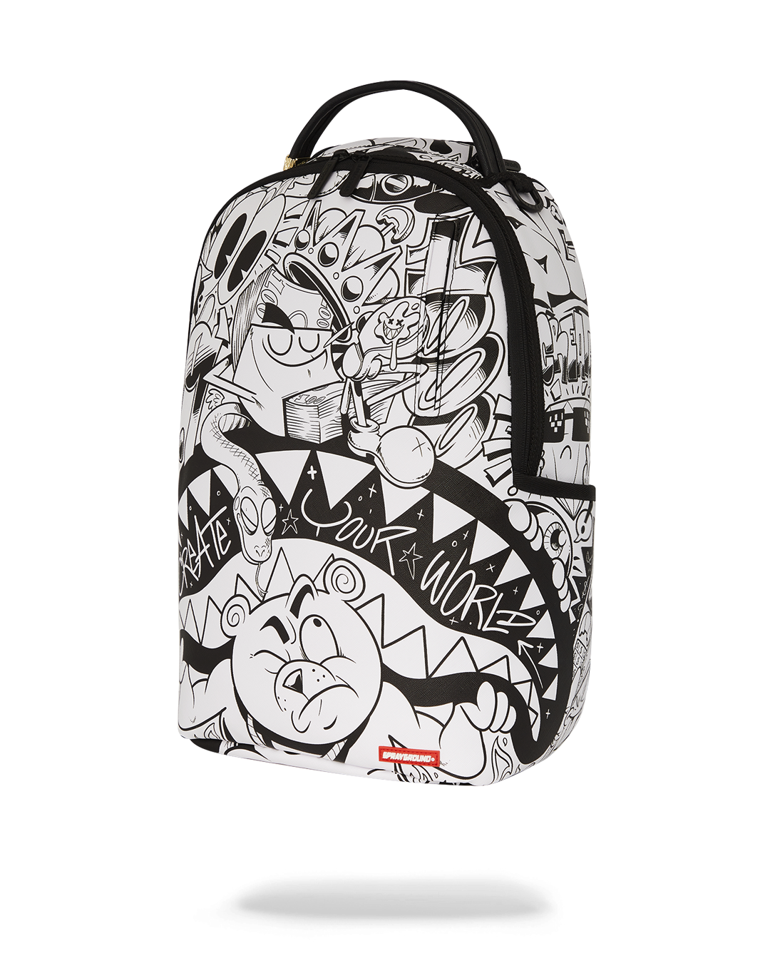 Doodle King backpack attached to rolling luggage, highlighting the slide-through sleeve.