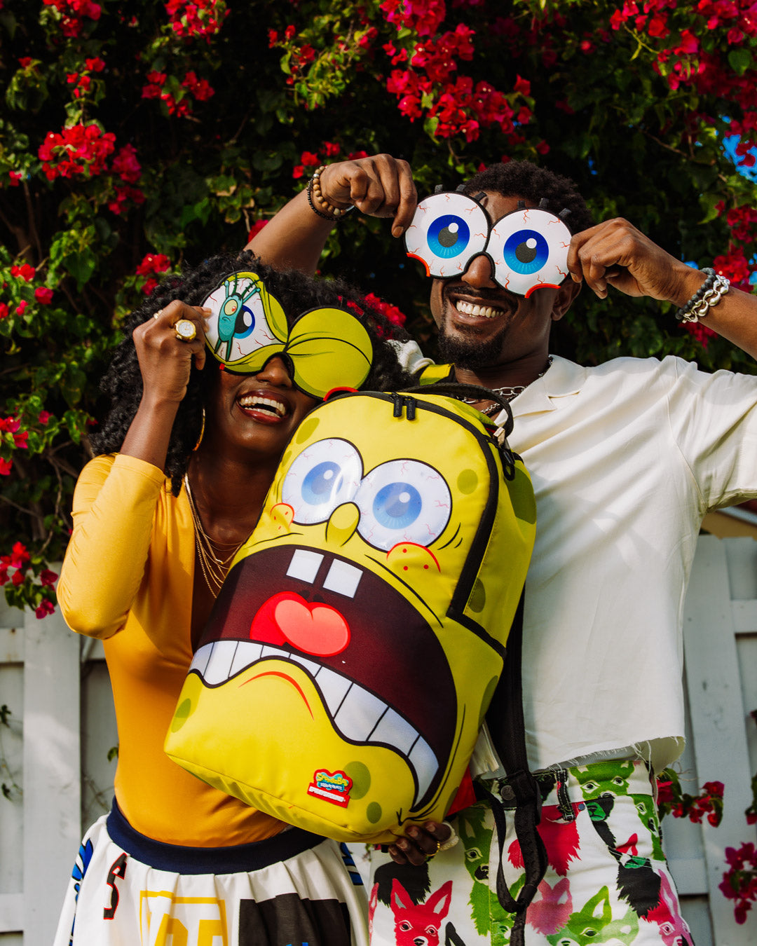Front view of the SpongeBob character backpack with expressive velcro eyes