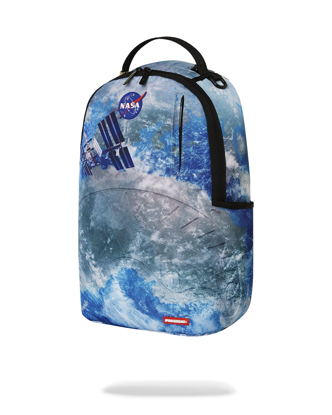 Sprayground NASA Collaboration Limited Edition Laptop Backpack in pink, with its interior laptop compartment and mesh organizer pocket visible.