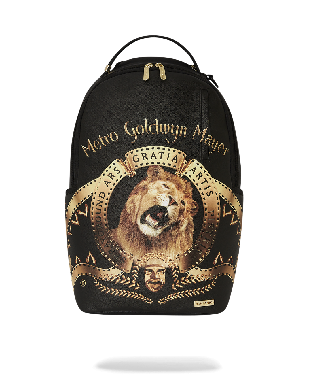 Side view of designer backpack showing gold zipper and faux leather texture