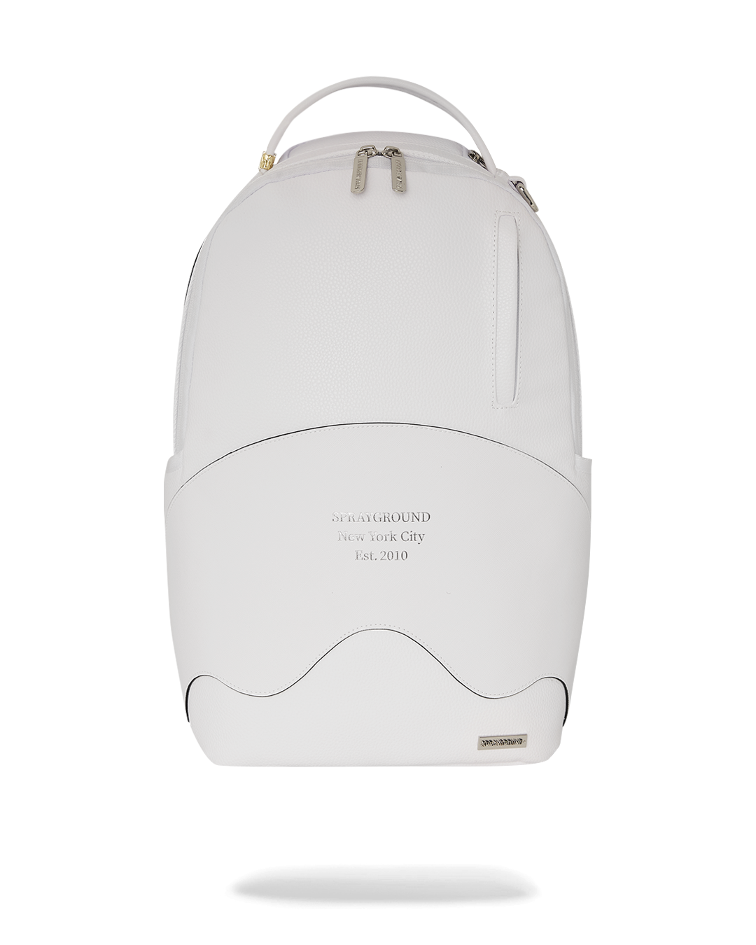 Front angle of the designer backpack showcasing sharkmouth shape and silver foil logo.