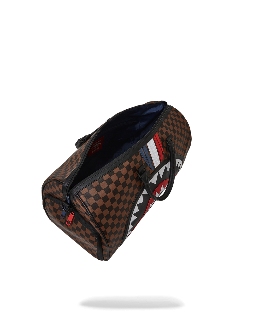 Close-up of the metal zipper pocket on the faux leather duffle.