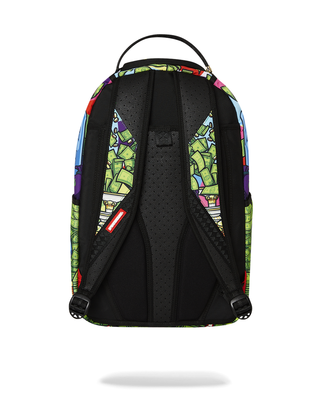 Angled view showing the designer backpack with gold zippers and ergonomic mesh padding.